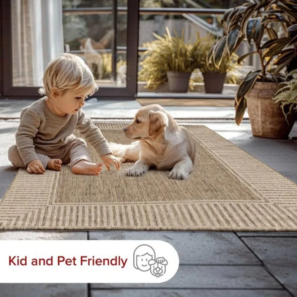 5x8Inch Outdoor Area Rug, Striped Border, Stain Resistant, Durable, Light Brown